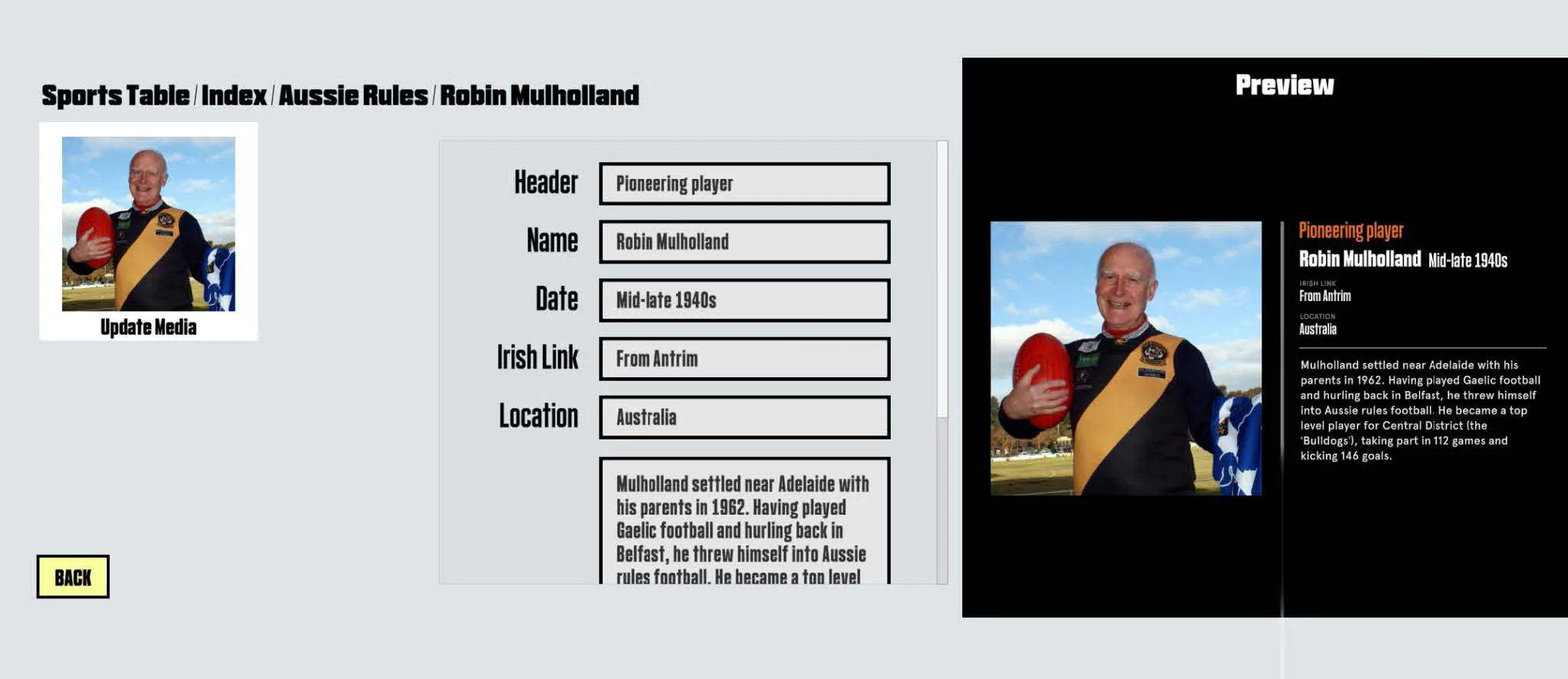 CMS interface for editing Sports Table content, built with generic Unity components, with a live preview of the player profile alongside