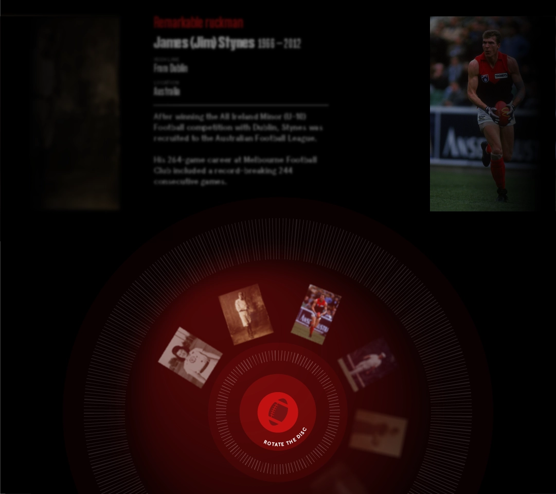 High-fidelity Sports Table interface, frame 2 — player profile of James (Jim) Stynes with rotating disc carousel of historic imagery
