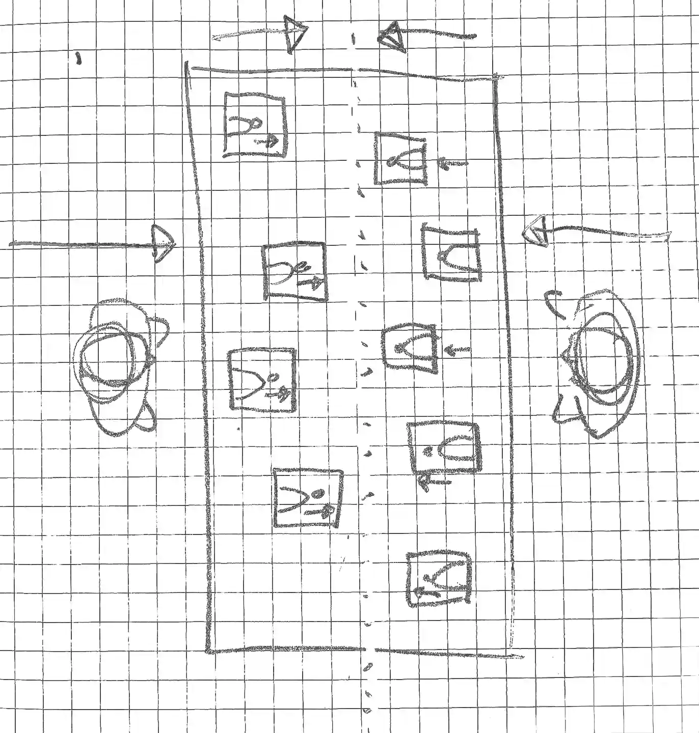 Sketch exploring a shared two-sided table layout with seated visitors at either end and a central carousel of content tiles