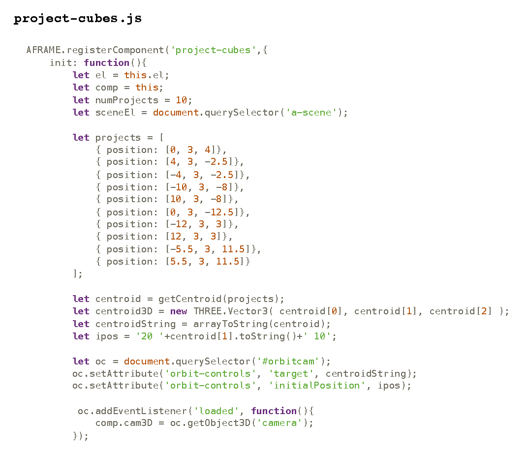 Code snippet of the project-cubes A-Frame component, defining the positions of each material focus point and wiring up the orbit camera