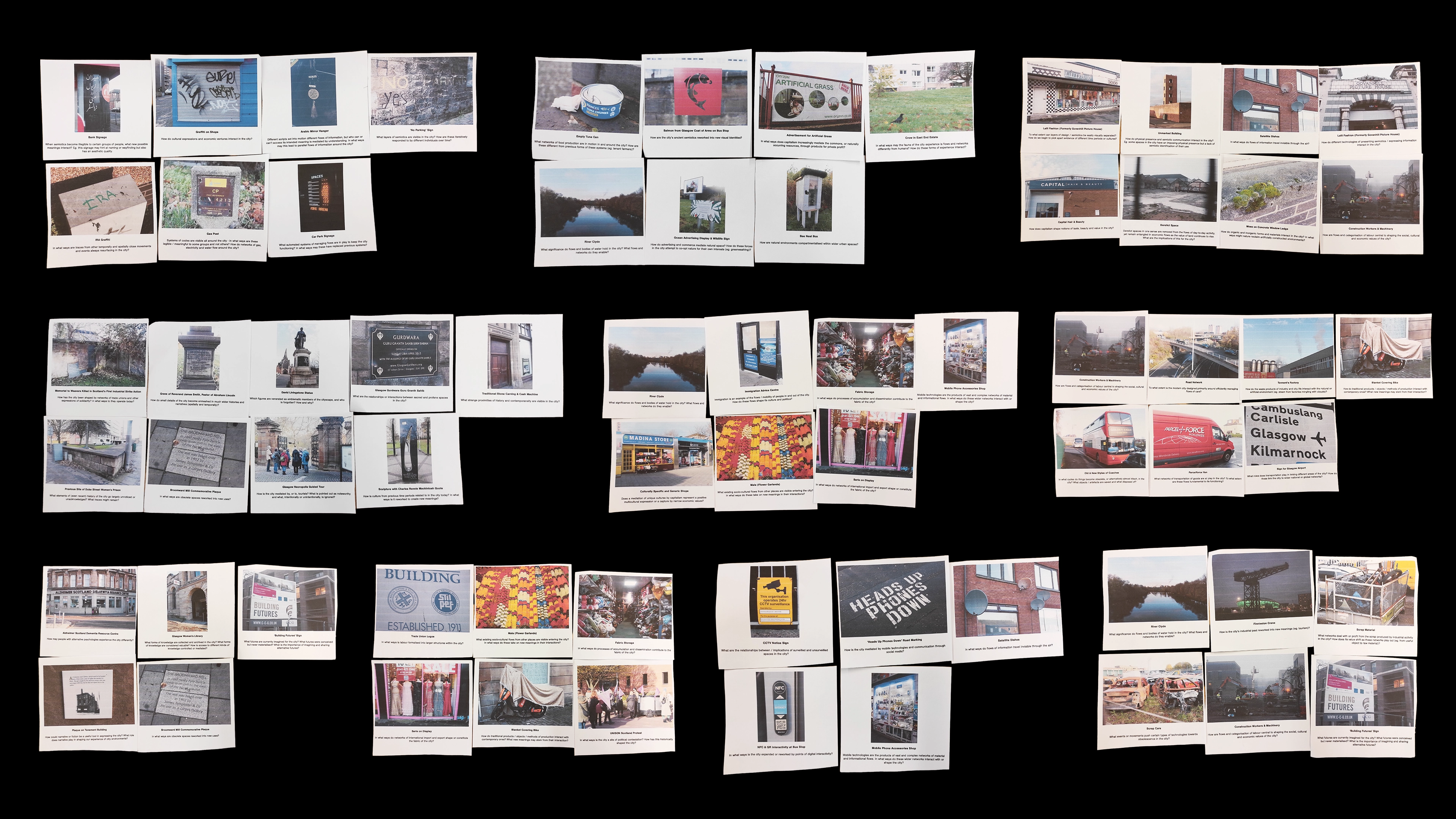 Photographs taken along the Glasgow dérive, documenting materials that recur as symbols of the city's history