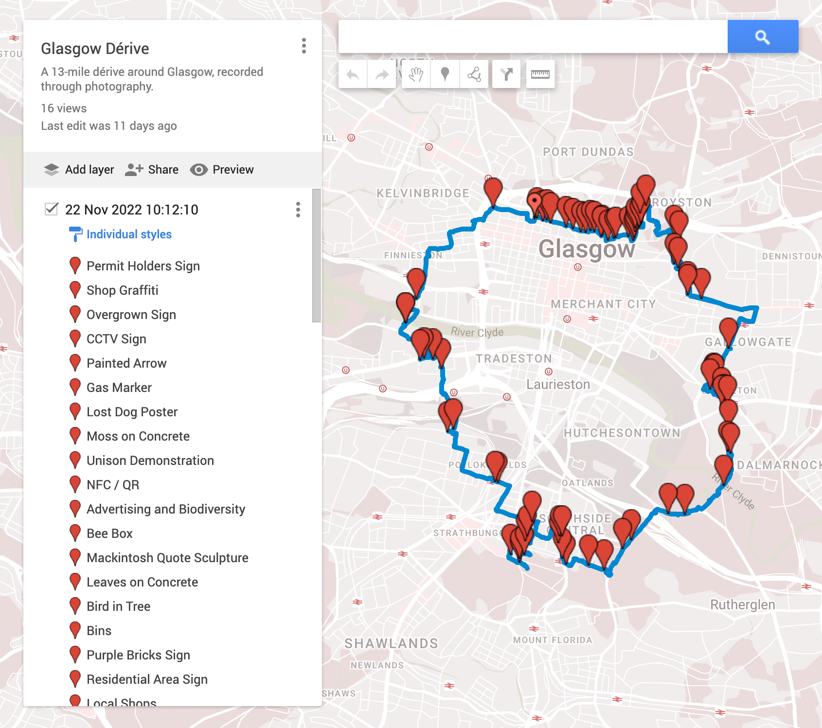 Map of Glasgow annotated with a dérive route tracing key material sites across the city