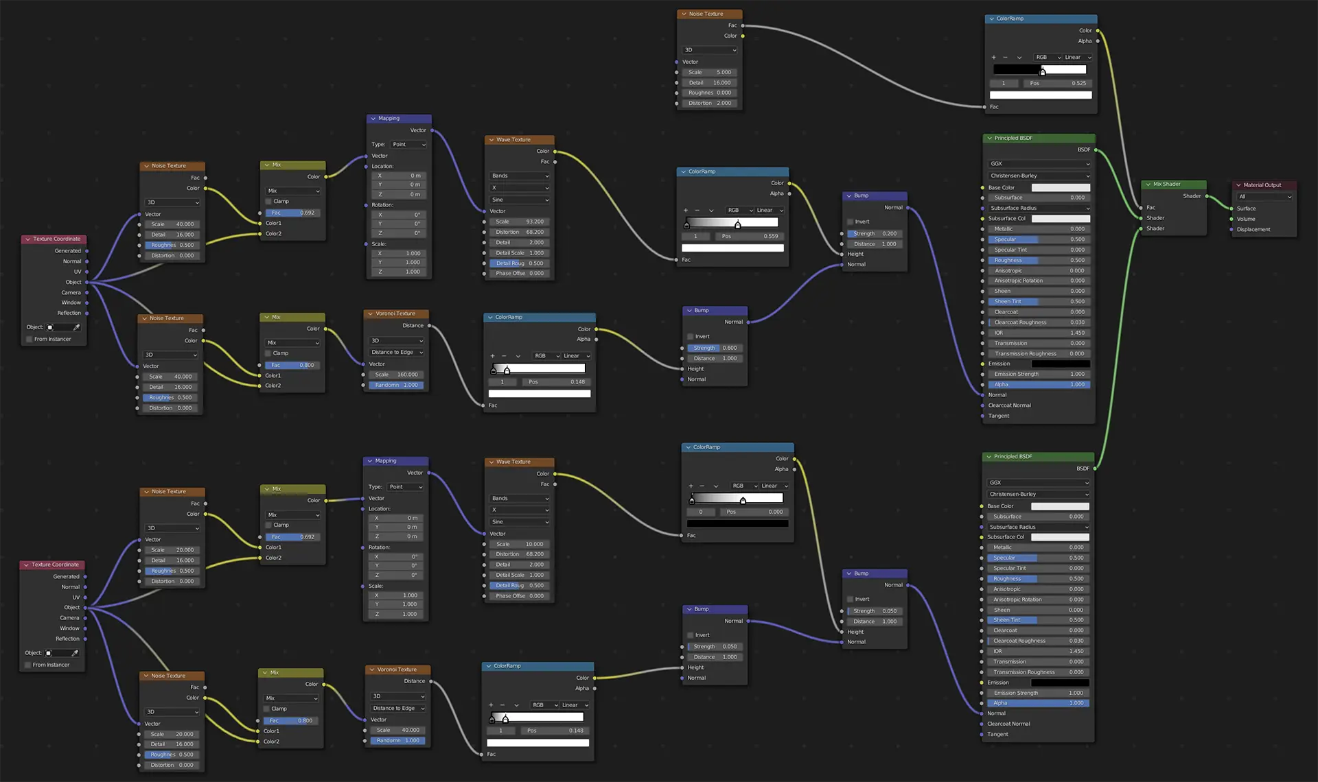 Blender shader node graph defining a material with paired noise, voronoi and wave textures driving two Principled BSDF outputs
