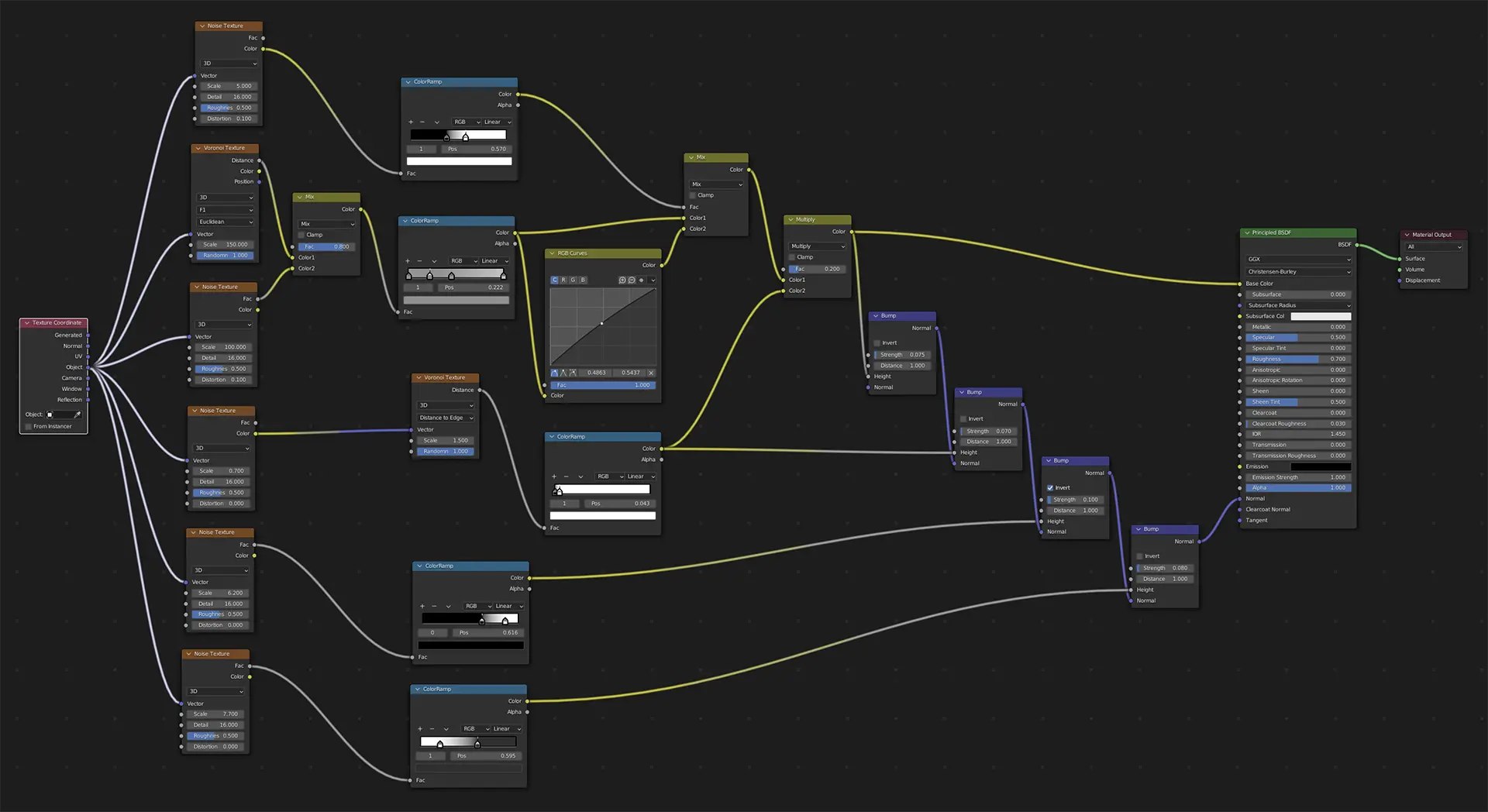 Blender shader node graph for a second material, layering noise and voronoi textures through colour ramps and bump nodes into a Principled BSDF output