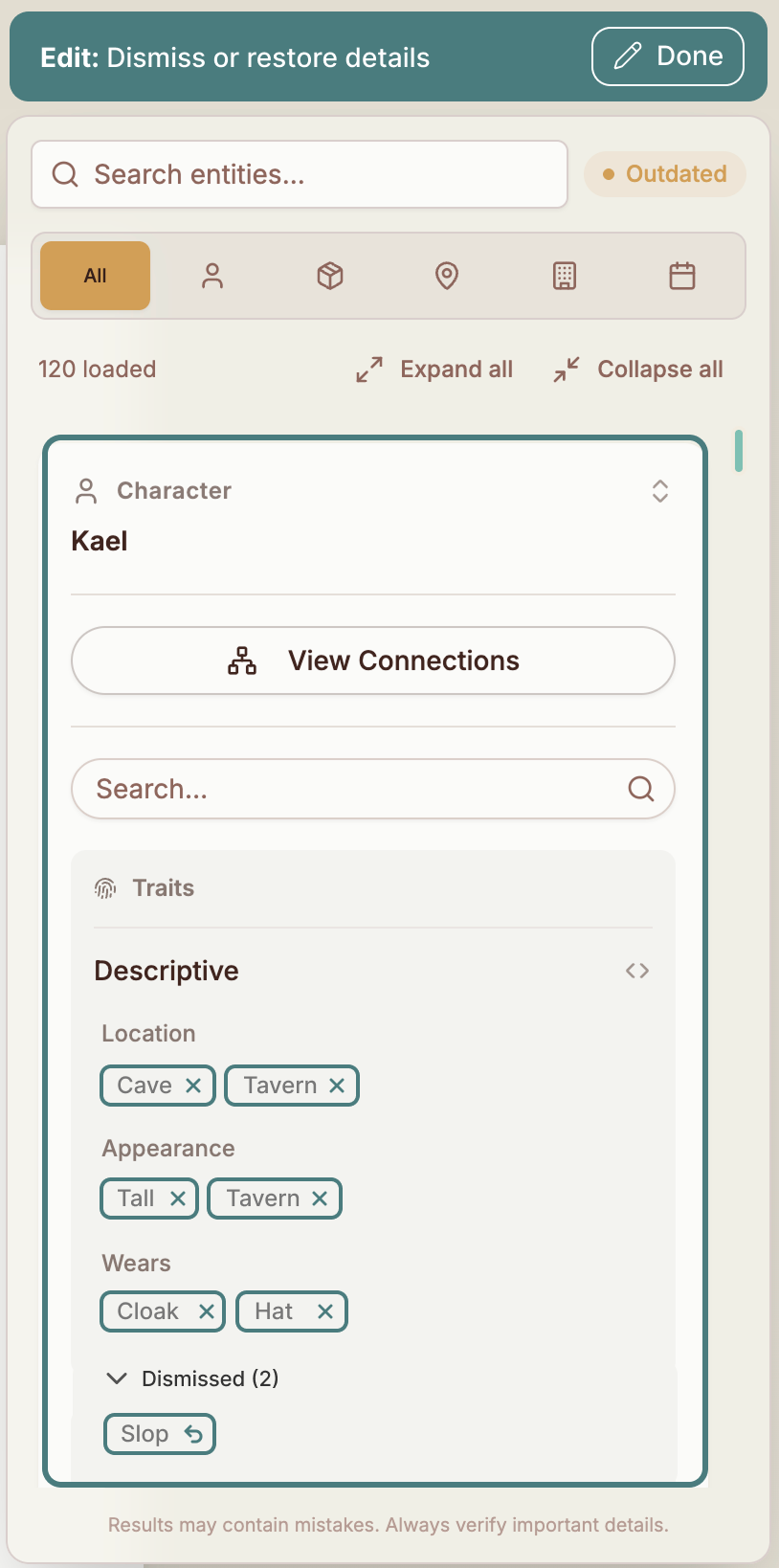 Story Bible edit mode for character Kael, showing trait chips with dismiss controls and a 'Dismissed' group from which entries can be restored