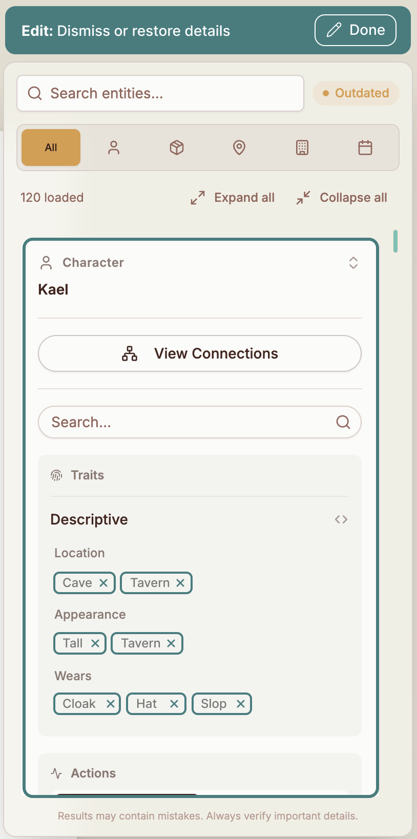 Story Bible edit mode for Kael, with a hallucinated 'Slop' trait chip added to the Wears group ready to be dismissed