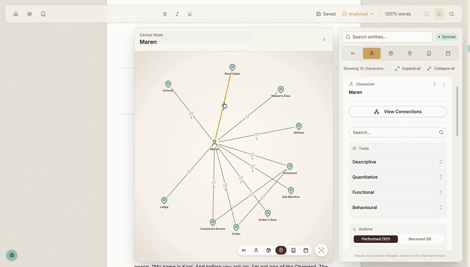 TrueTale Story Bible — interactive map of narrative entities with detail panel