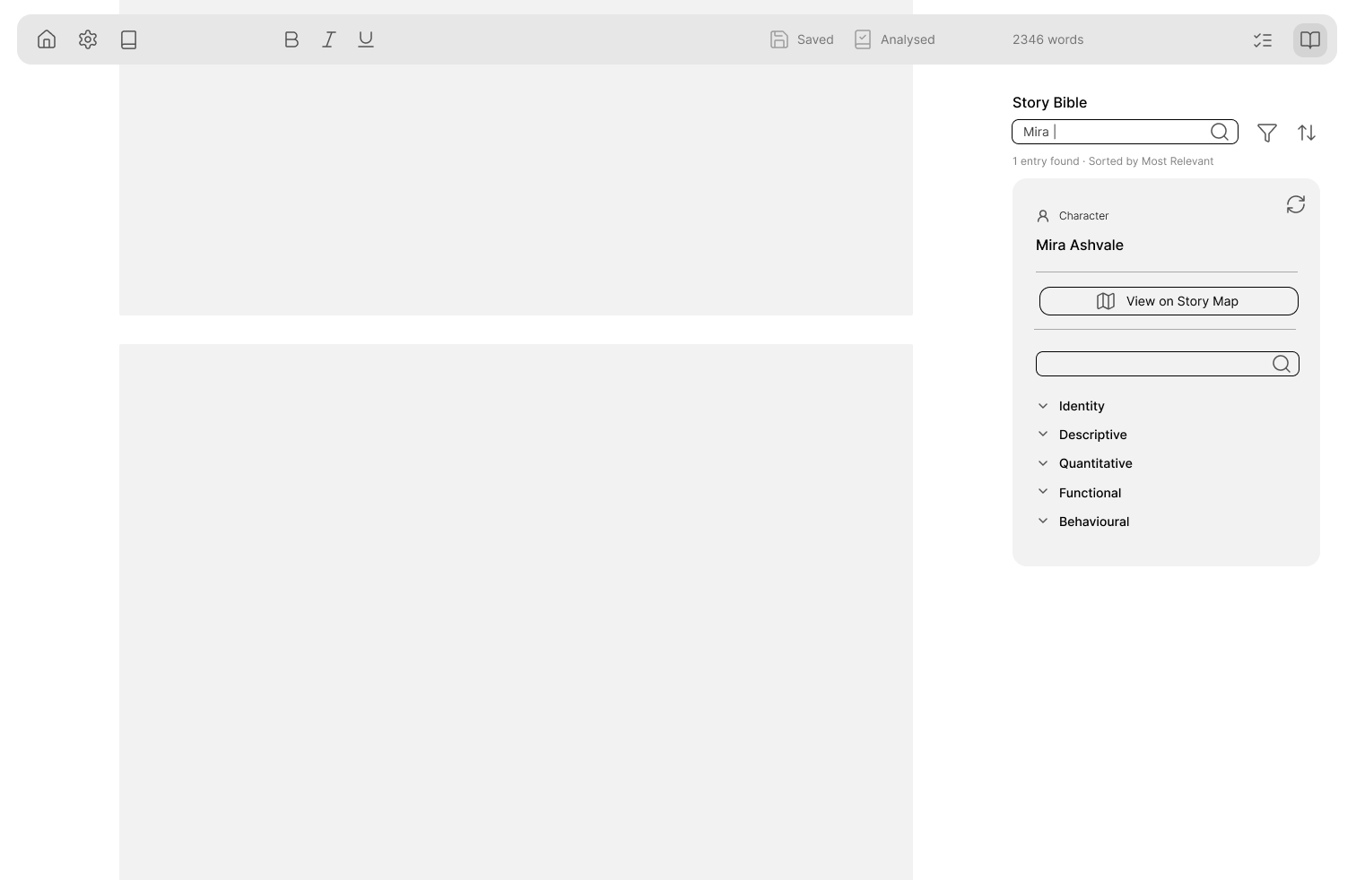 Wireframe of TrueTale's Story Bible side panel, with a search for 'Mira' returning Mira Ashvale and her attribute sections collapsed