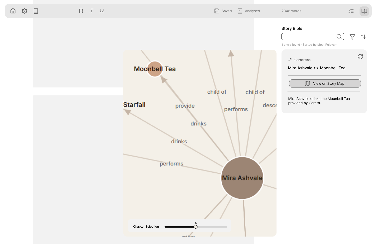 Wireframe of TrueTale's Story Map zoomed into Mira Ashvale's connections, with the side panel showing the 'Mira Ashvale ↔ Moonbell Tea' connection detail